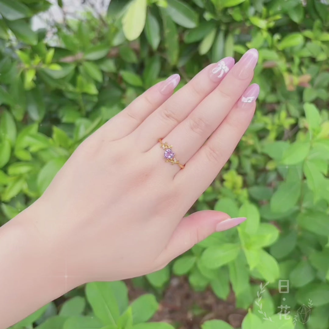 紫水晶心形金色水晶戒指